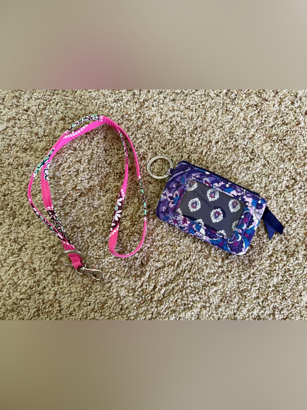Vera Bradley Bundle: Pink Floral Lanyard with Purple Floral ID Wallet